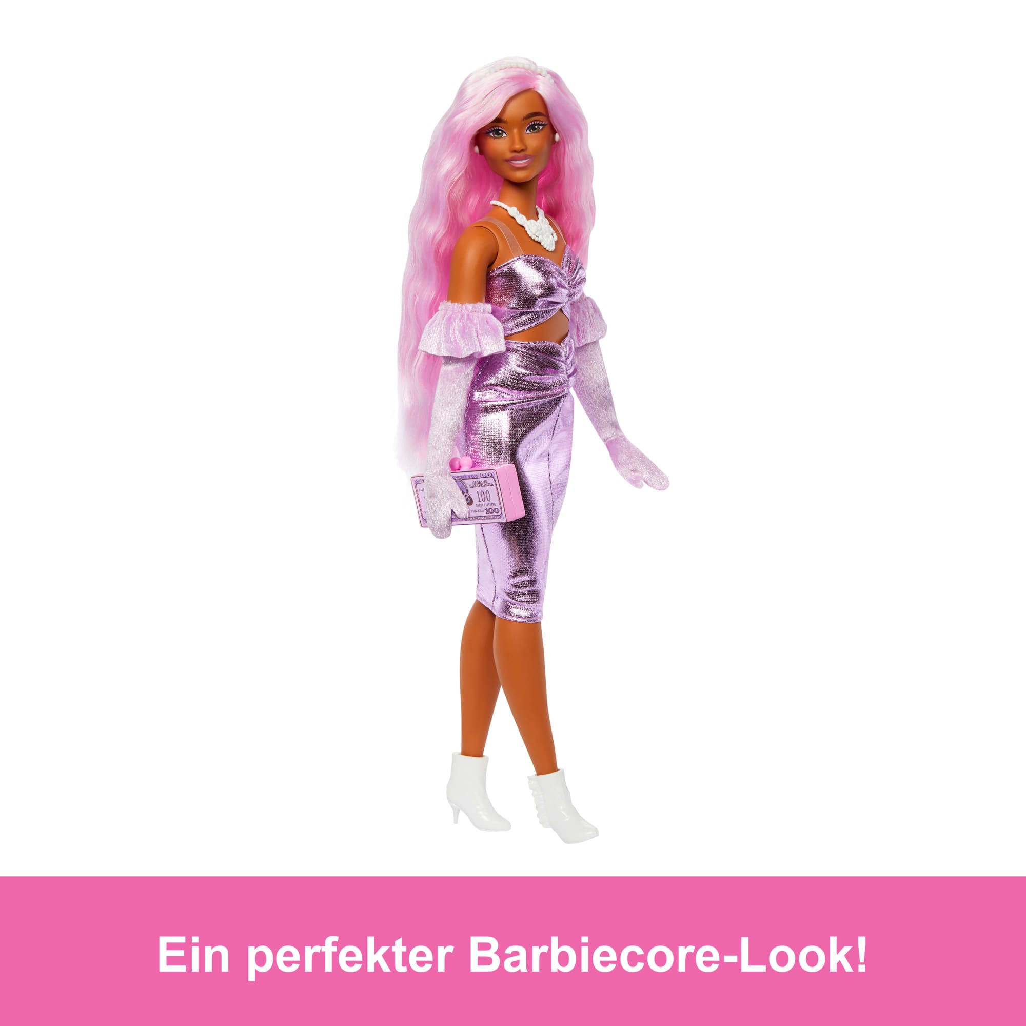 Barbie Deluxe Style-Puppe Nr. 1 Mit Glänzendem Rosa Barbiecore-Kleid, Samthandschuhen Und Rosa Haaren