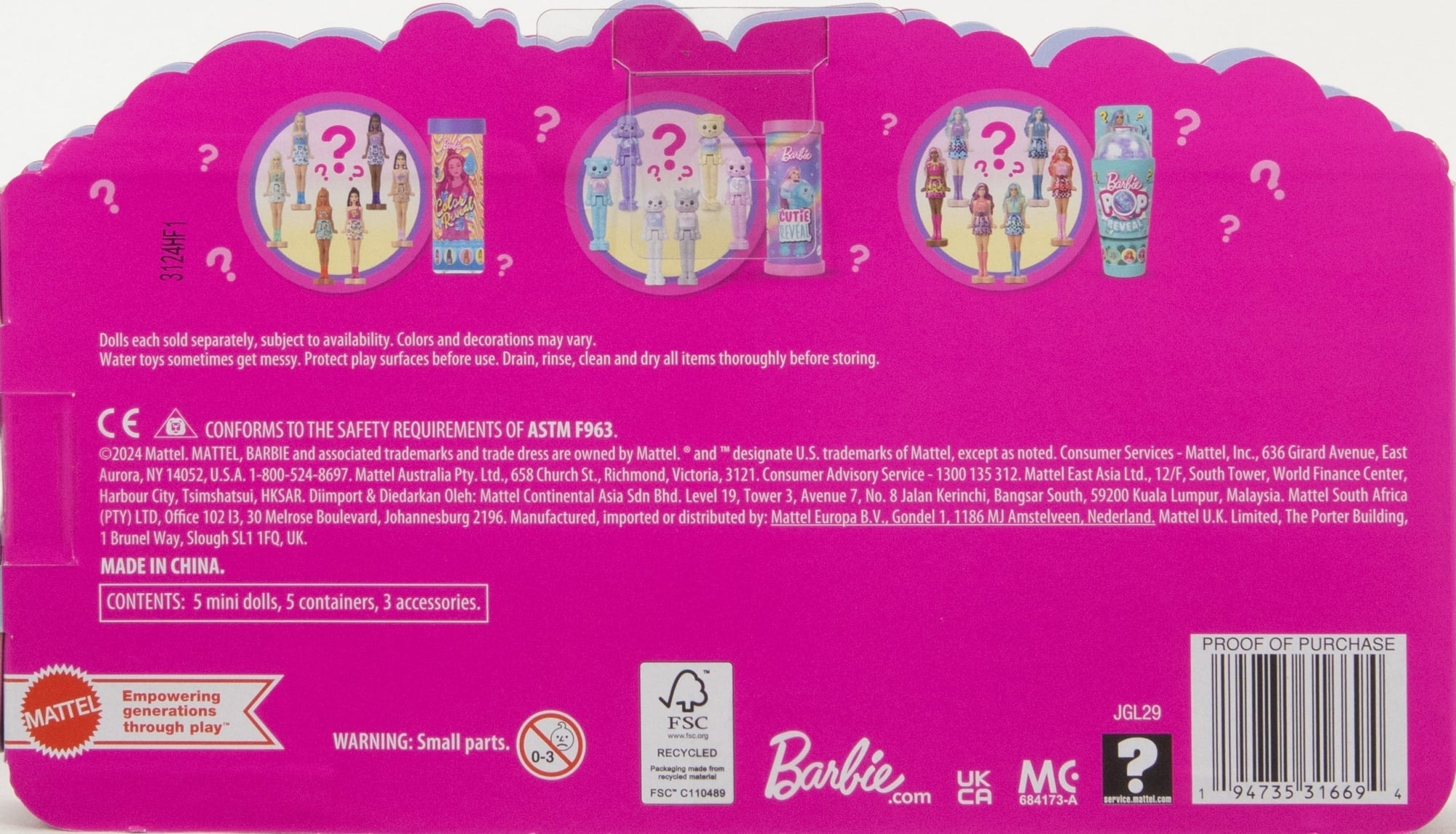 Barbie Mini Barbieland 5'Li Paket Pop Reveal Bebekler, 4 Cm'Lik Sürpriz Mini Bebek Ve Duyusal Gelişime Yönelik Oyuncak (Stiller Çeşitlilik Gösterebilir)