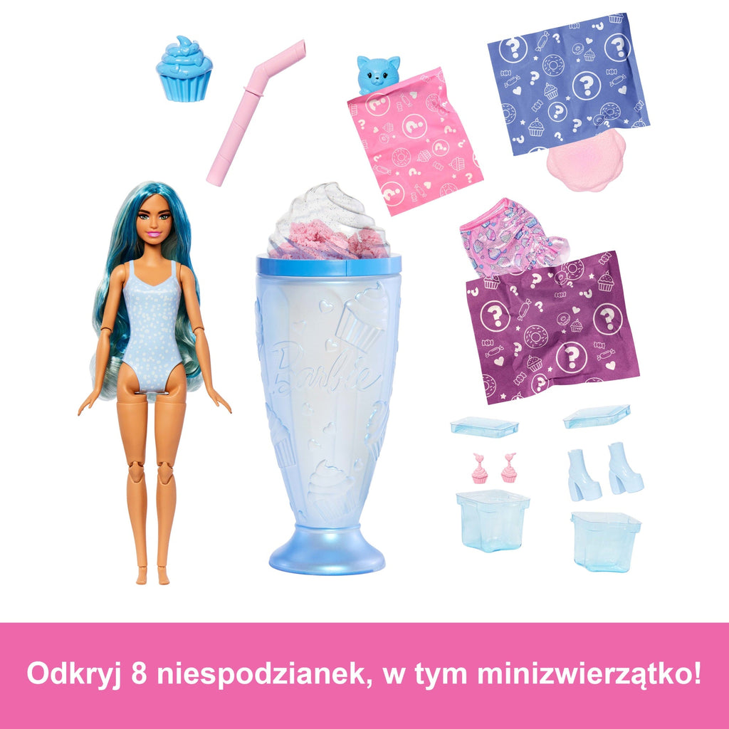 Barbie Pop Reveal Seria Stylowy deser Lalka, figurka zwierzątka i akcesoria Zestaw niebieski Zabawka 3+