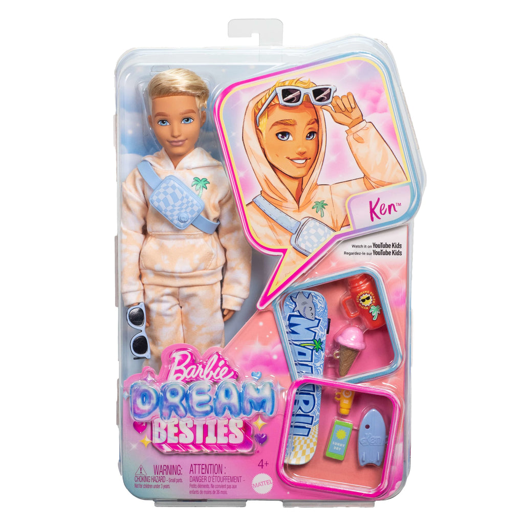 Barbie Dream Besties Ken-Modepuppe Mit 9 Zubehörteilen Zum Thema Sommer Und Skateboard