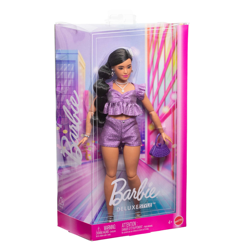 Barbie Deluxe Style-Modepuppe #8 in Violettem Metallic-Top Und Funkelnden Shorts Mit Accessoires