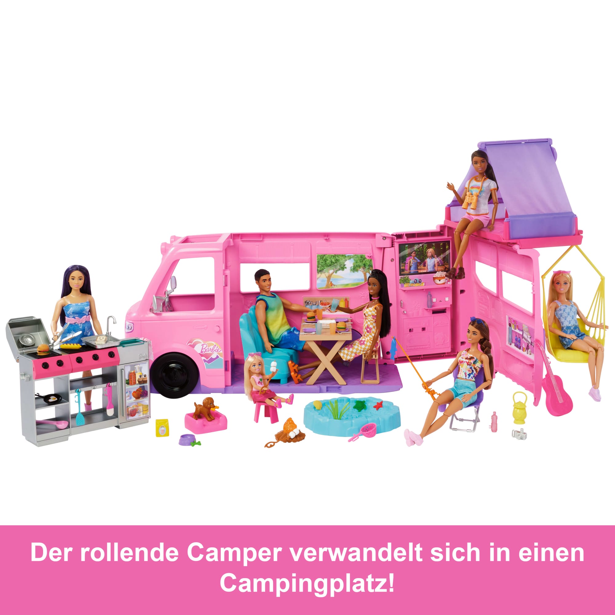 Barbie Super Abenteuer-Camper Spielset Mit Dachzelt, Grill Mit Farbwechseleffekt Und Über 60 Zubehörteilen