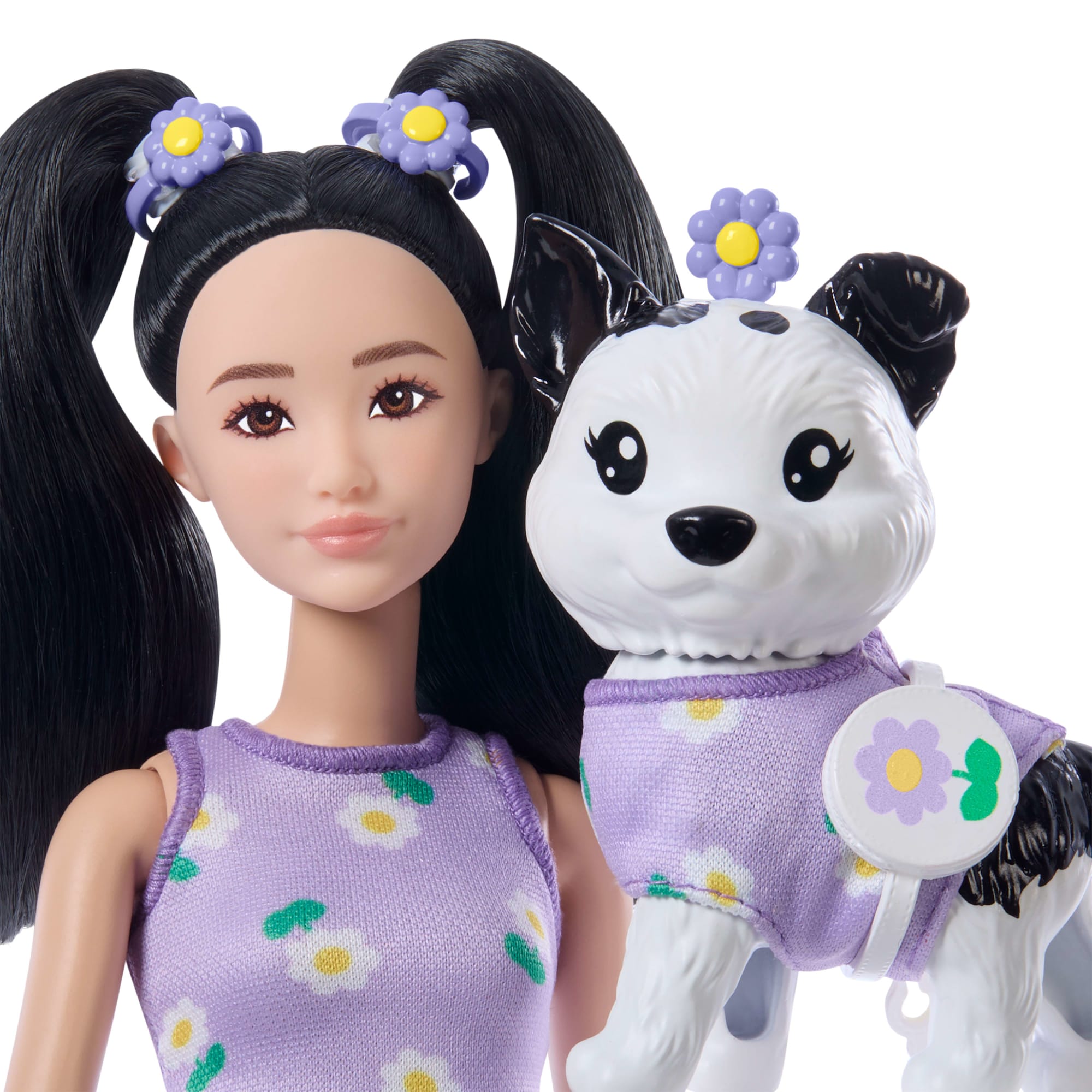 Uyumlu Mor Kıyafetleri Ve Aksesuarlarıyla Barbie Uyumlu DOStlar Siyah Saçlı Bebek Ve Köpekçiği