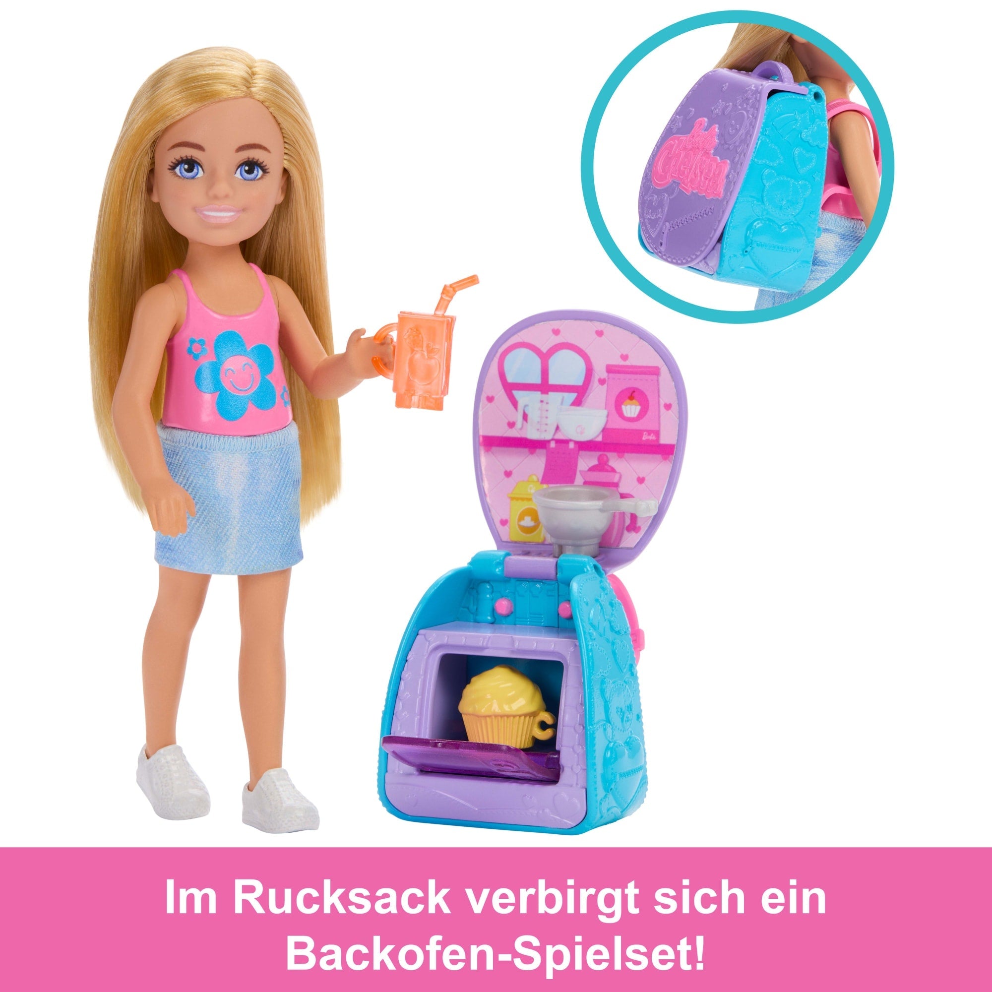 Barbie Family & Friends Cupcake Backende Chelsea Mit Rucksack, Chelsea-Puppe Und Accessoires, Rucksack Mit Cupcake-Spielzeug