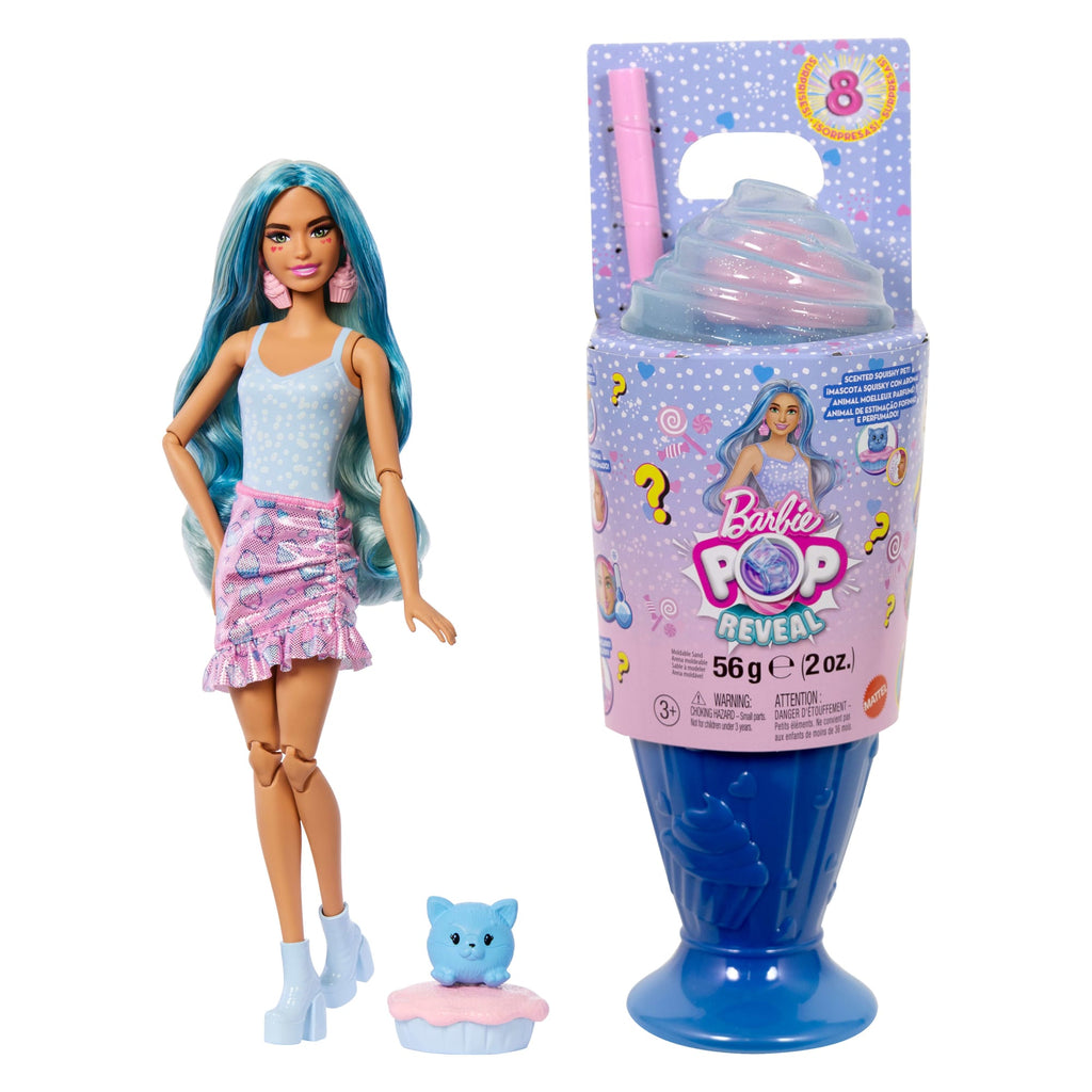 Barbie Pop Reveal Seria Stylowy deser Lalka, figurka zwierzątka i akcesoria Zestaw niebieski Zabawka 3+