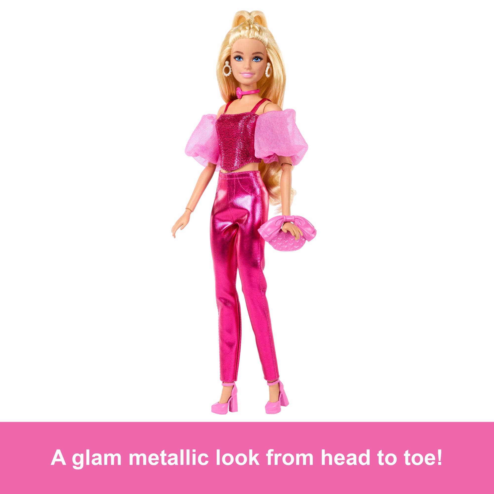 Barbie Deluxe Style Fashion Doll #5 in Metallic Pink Outfit With Corset Top And Accessories, Blonde
