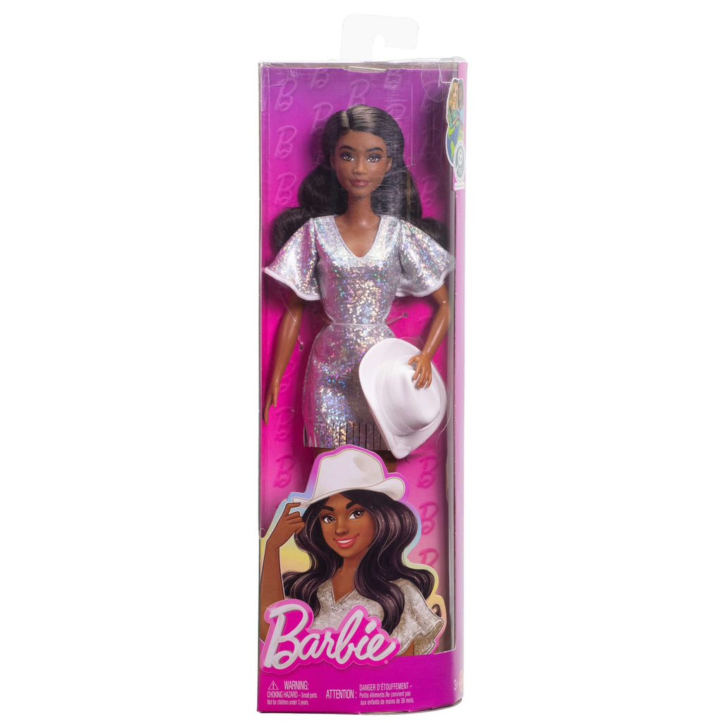 Barbie Fashionistas-Puppe Nr. 239 in Funkelndem Silbernen Kleid Mit Cowboyhut Und Stiefeln, Schwarze Haare
