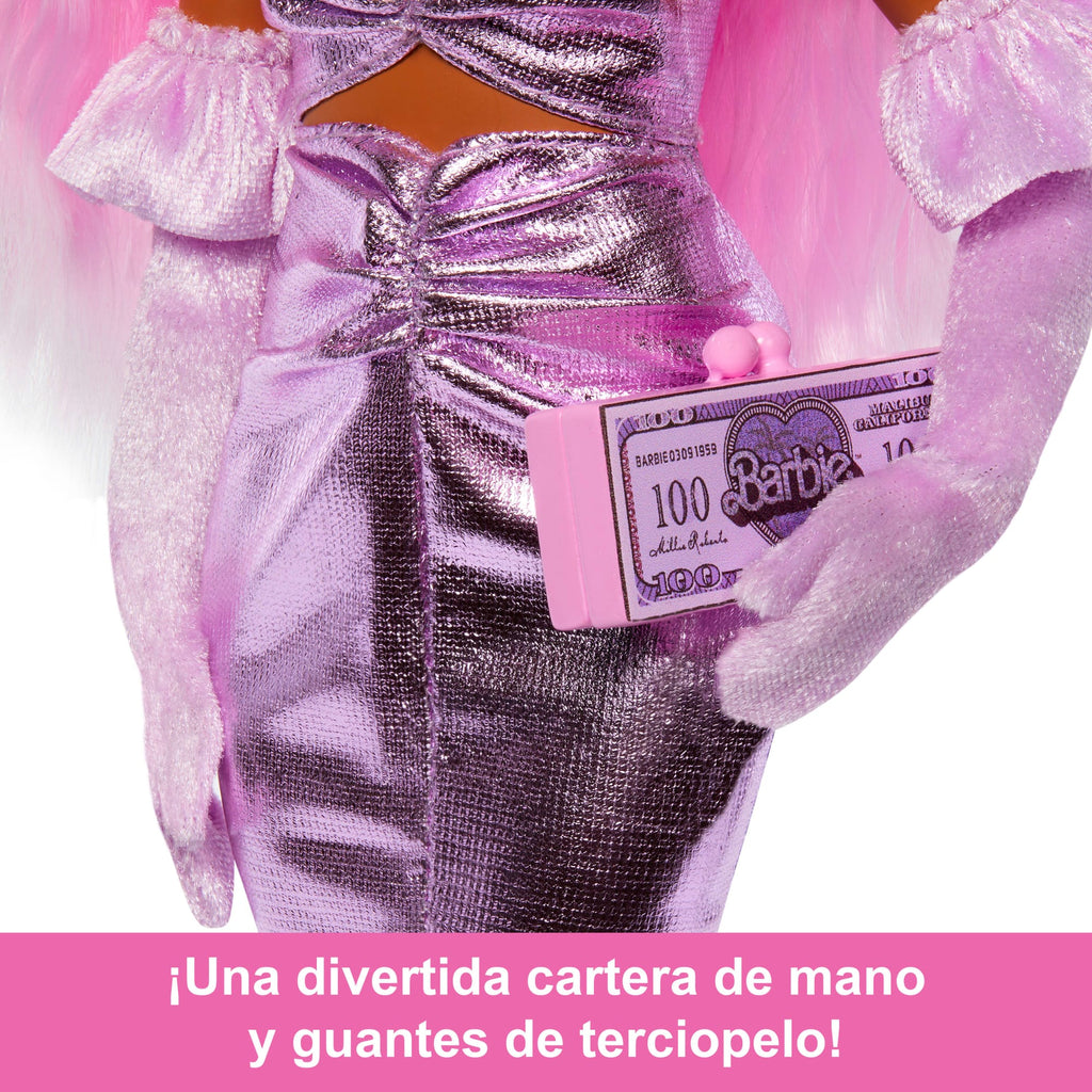 Muñeca Barbie Deluxe Style N.1 Con Vestido Barbiecore En Rosa Brillante Con Guantes De Terciopelo Y Pelo Rosa