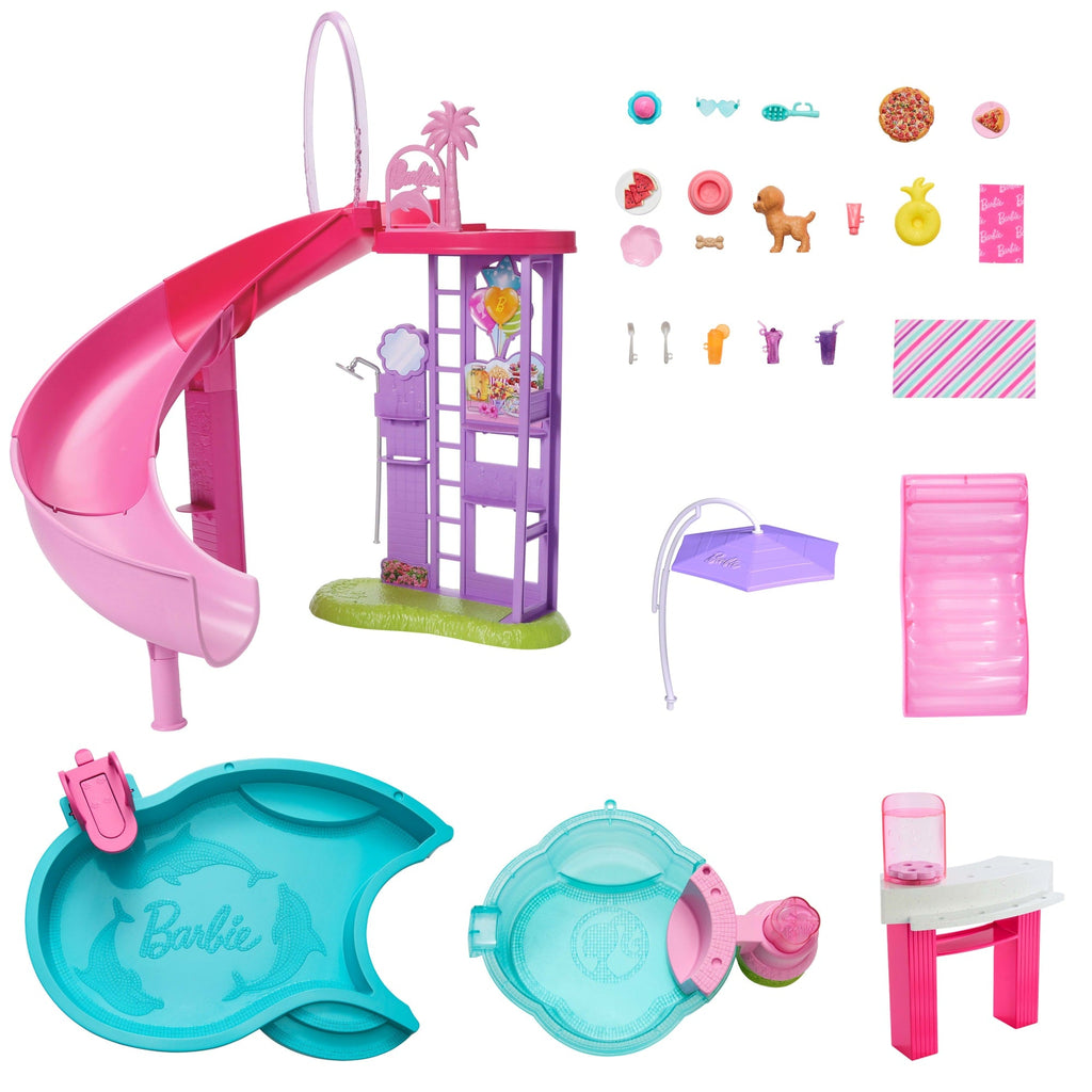 Barbie Dream Pool Playset With Slide & Bubbling Hot Tub, 20+ Accessories Including Pet, Floaties & More