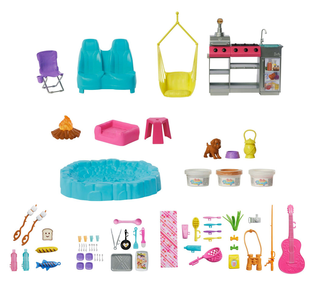 Barbie Dreamcamper Kamper Marzeń Pojazd Zestaw 2 w 1, namiot na dachu, grill i ponad 60 akcesoriów Zabawka 3+