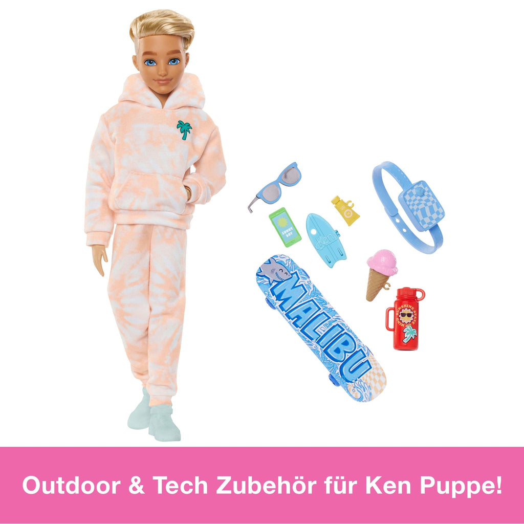 Barbie Dream Besties Ken-Modepuppe Mit 9 Zubehörteilen Zum Thema Sommer Und Skateboard