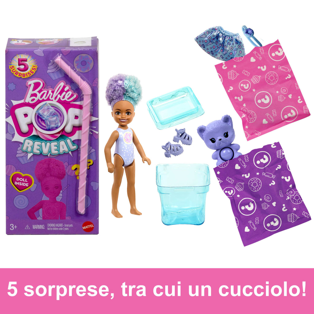 Barbie Chelsea Pop Reveal Serie Dolcetti, Bambola Profumata Con 5 Sorprese Tra Cui Un Cucciolo (I Modelli Possono Variare)