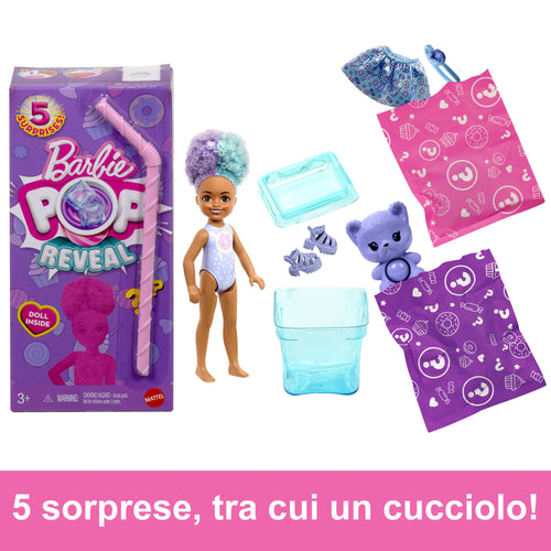 Barbie Chelsea Pop Reveal Serie Dolcetti, Bambola Profumata Con 5 Sorprese Tra Cui Un Cucciolo (I Modelli Possono Variare)