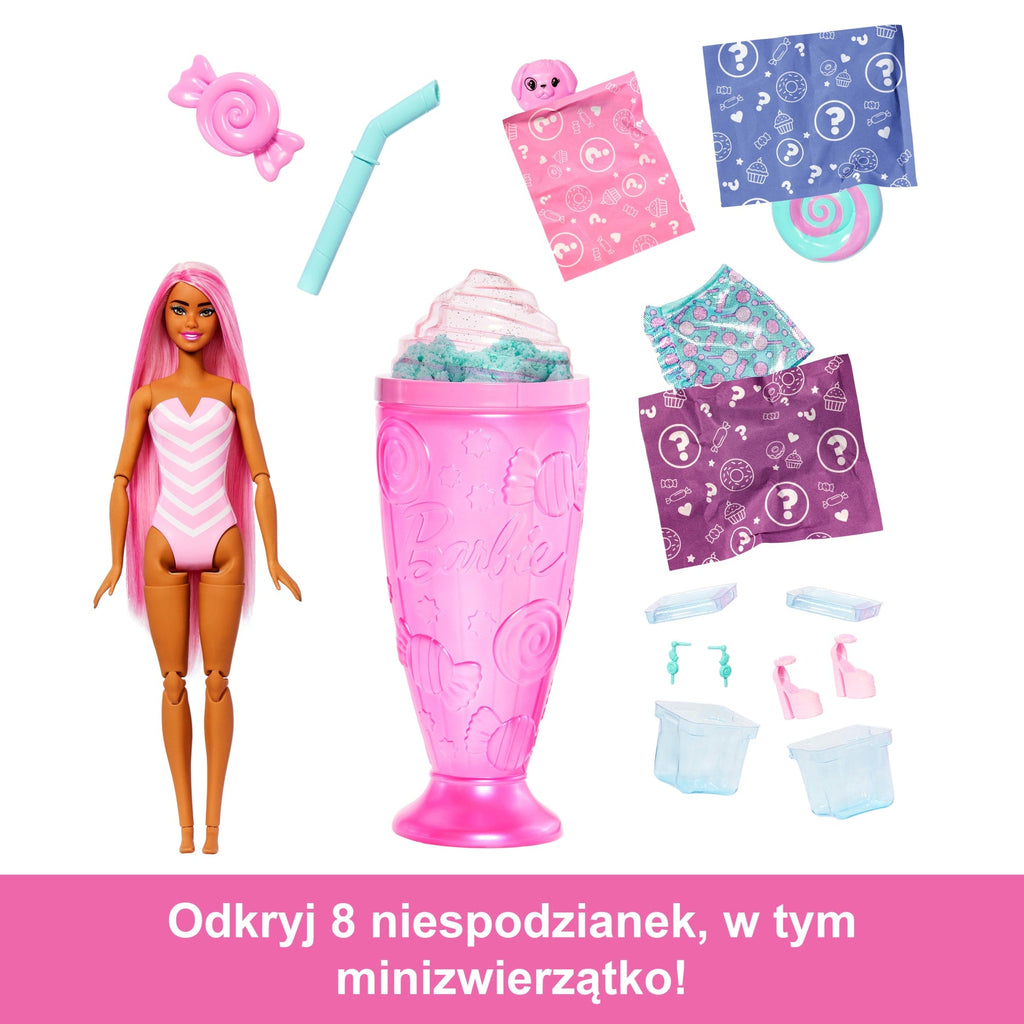 Barbie Pop Reveal Seria Stylowy deser Lalka, figurka zwierzątka i akcesoria Zestaw różowy Zabawka 3+