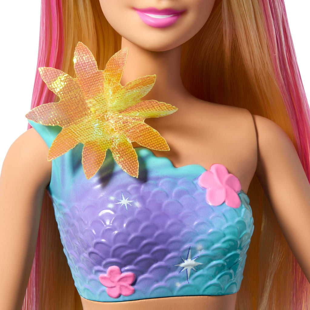Barbie Sirena Magia Floreale, Bambola Giocattolo Con Sorpresa Magica, Fiori Che Sbocciano E Fascia Con Perle