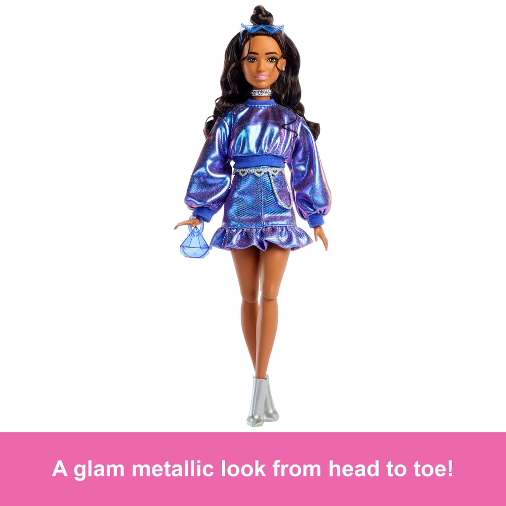 Barbie Deluxe Style Fashion Doll #7 in Metallic Blue Top And Skirt With Accessories, Brunette