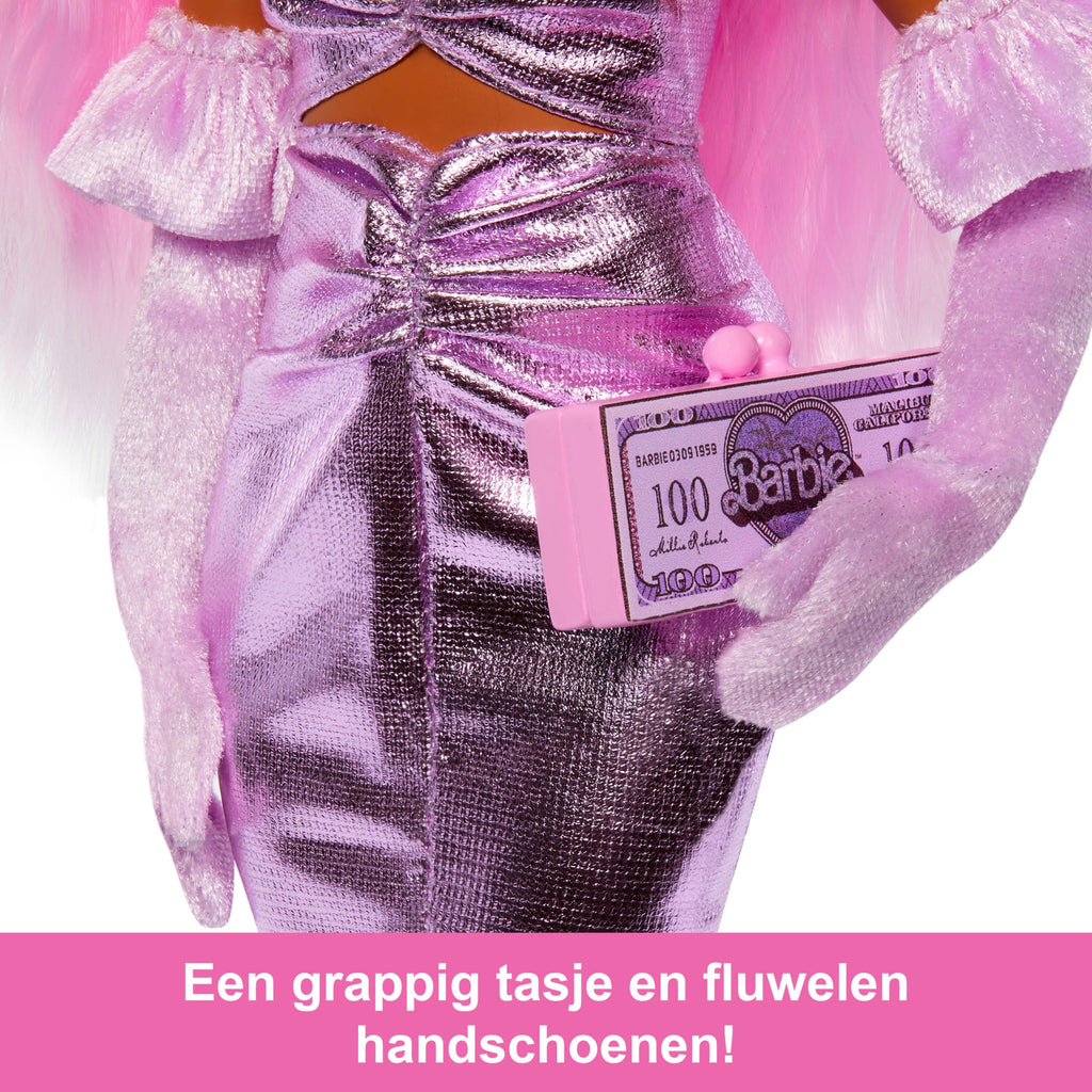 Barbie Luxe Stijl Pop Nr. 1 in Glanzende Roze Barbiecore Jurk Met Fluwelen Handschoenen, Roze Haar