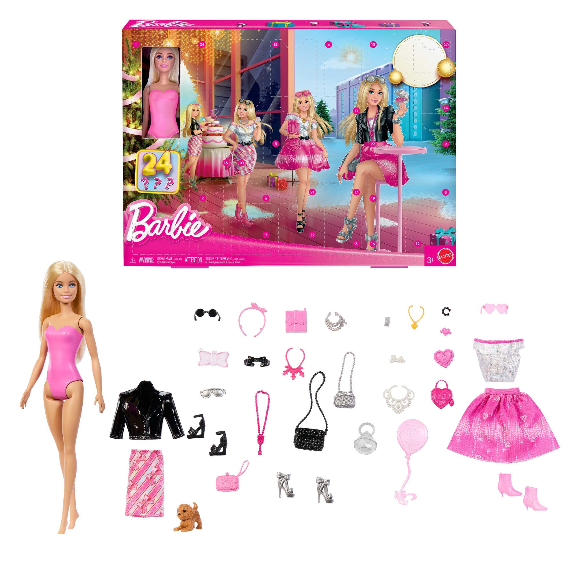 Barbie Adwentowy kalendarz modowy Lalka, ubranka i akcesoria Zestaw prezentowy Zabawka 3+