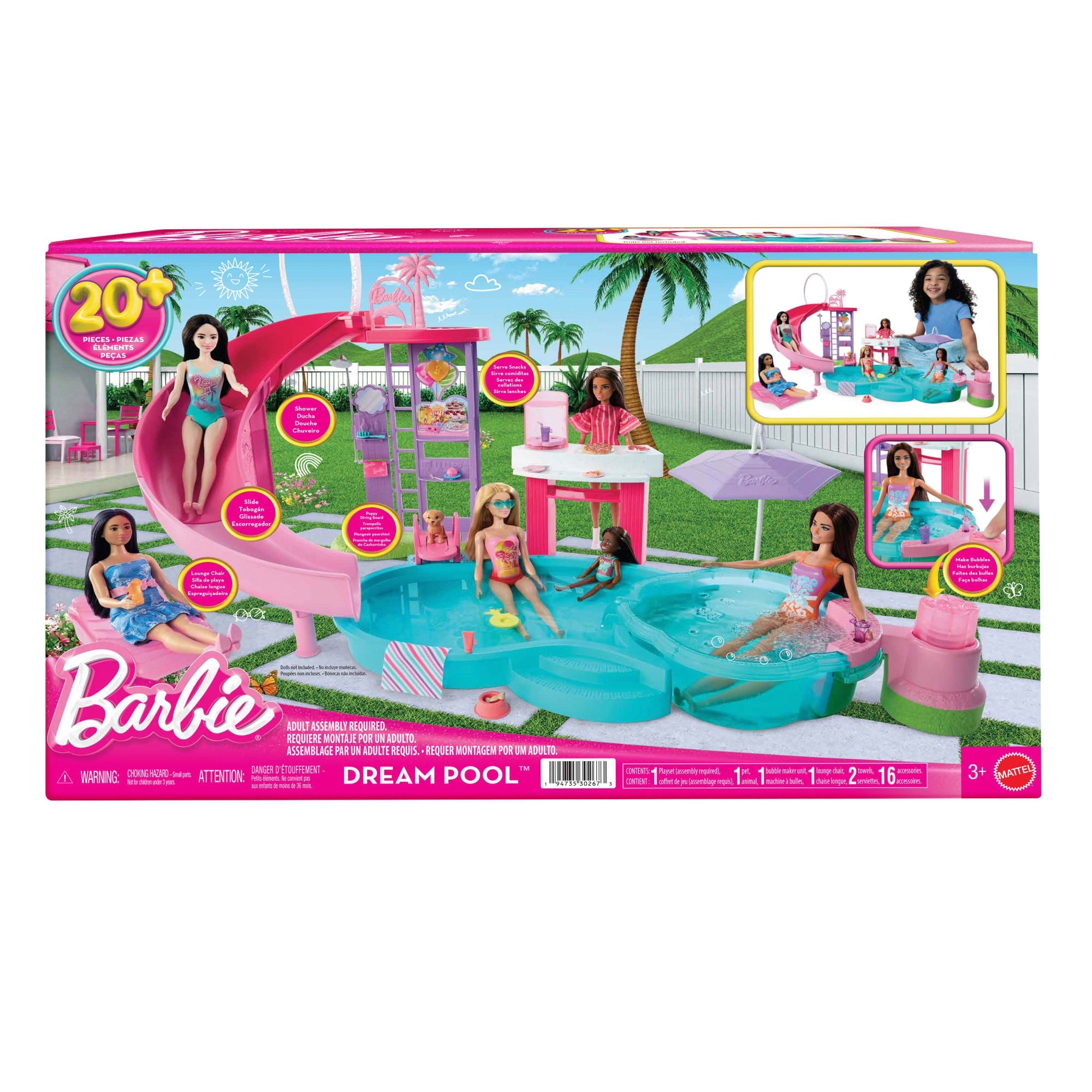 Barbie Dream Pool Basen Marzeń Zestaw, zjeżdżalnia, jacuzzi i ponad 20 akcesoriów Zabawka 3+