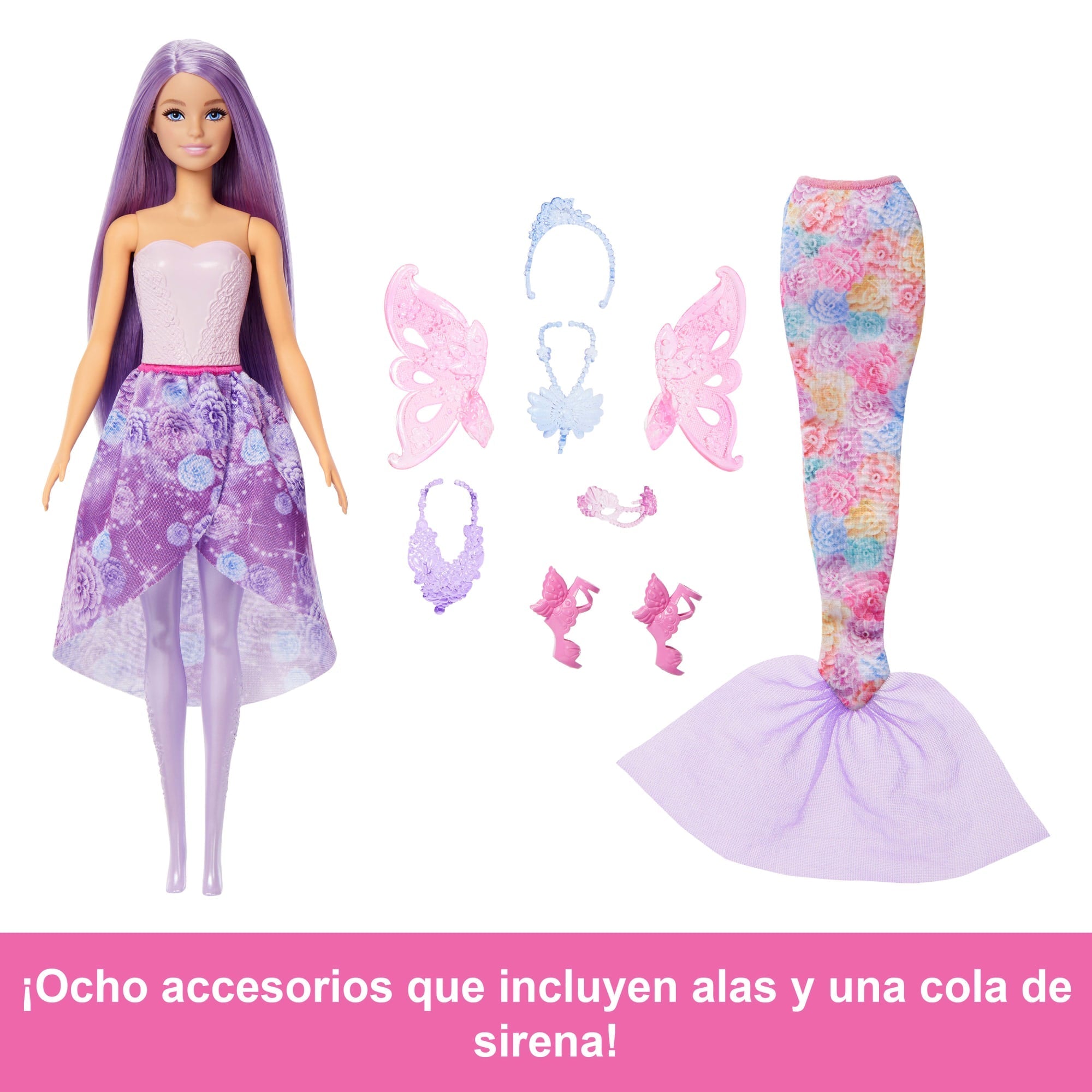 Pack Moda Fantasía De Barbie Con Muñeca Y Accesorios Como Cola De Sirena, Alas De Hada Y Collares