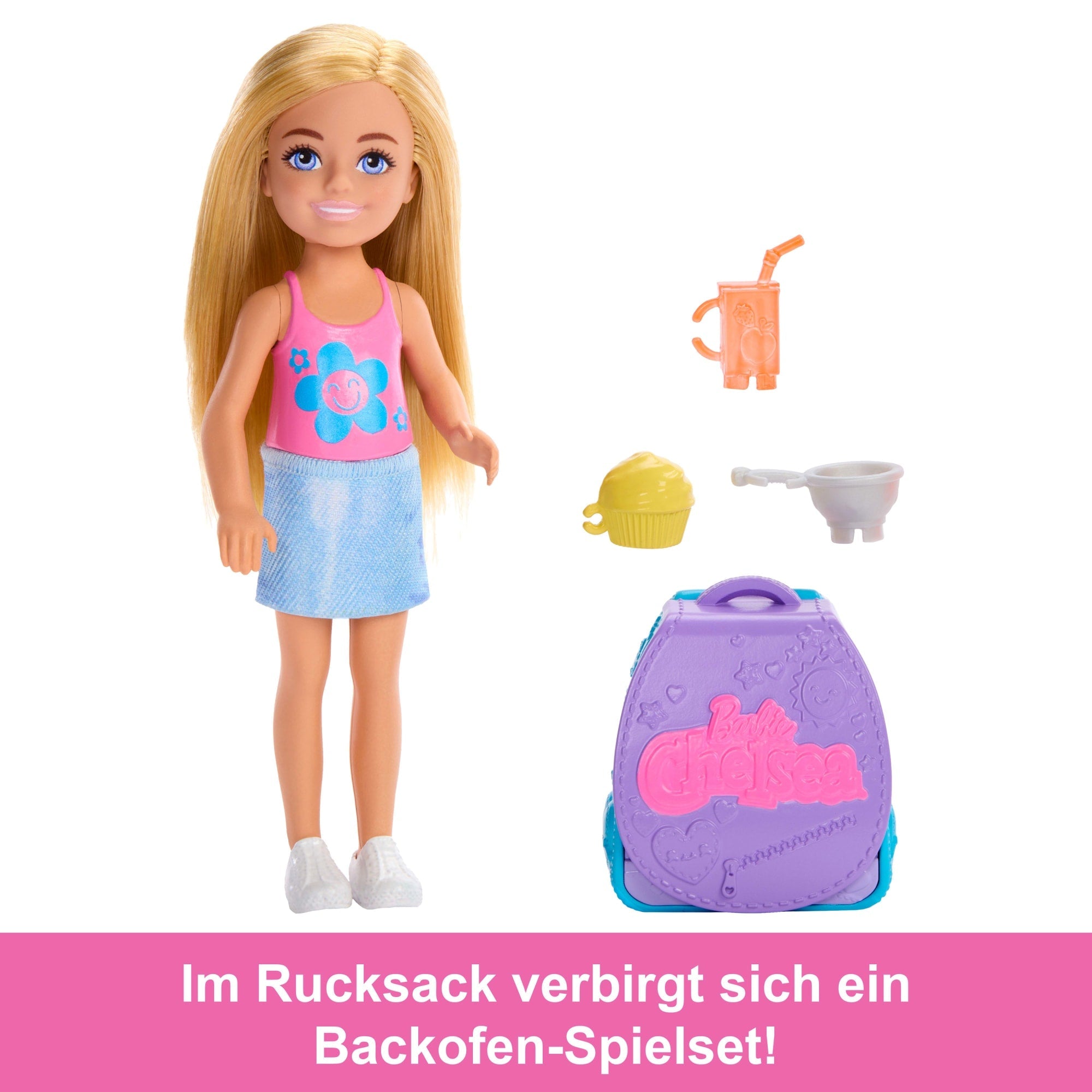 Barbie Family & Friends Cupcake Backende Chelsea Mit Rucksack, Chelsea-Puppe Und Accessoires, Rucksack Mit Cupcake-Spielzeug