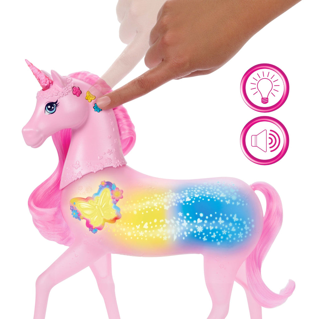 Barbie Magiczny jednorożec Baśniowe światełka Figurka z dźwiękami i światełkami 20 kombinacji Zabawka interaktywna 3+