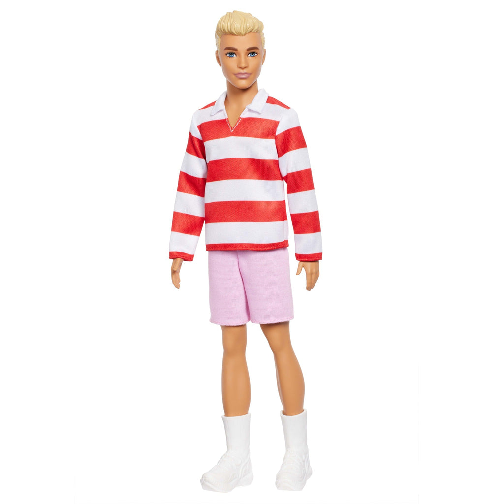 Barbie Fashionistas Lalka Ken #241 Blondyn Bluzka czerwono-białe paski, różowe spodenki i białe buty Zabawka 3+