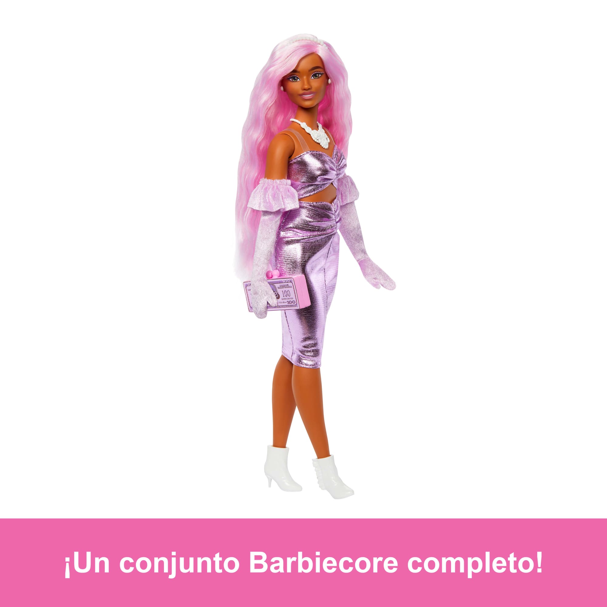 Muñeca Barbie Deluxe Style N.1 Con Vestido Barbiecore En Rosa Brillante Con Guantes De Terciopelo Y Pelo Rosa