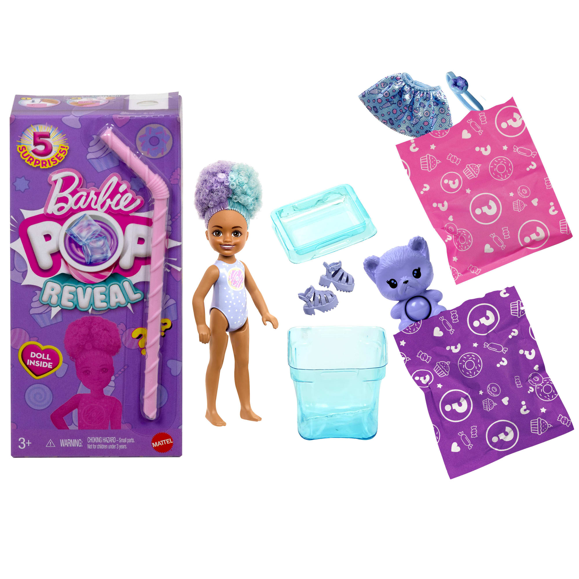 Barbie Chelsea Pop Reveal Serie Dolcetti, Bambola Profumata Con 5 Sorprese Tra Cui Un Cucciolo (I Modelli Possono Variare)