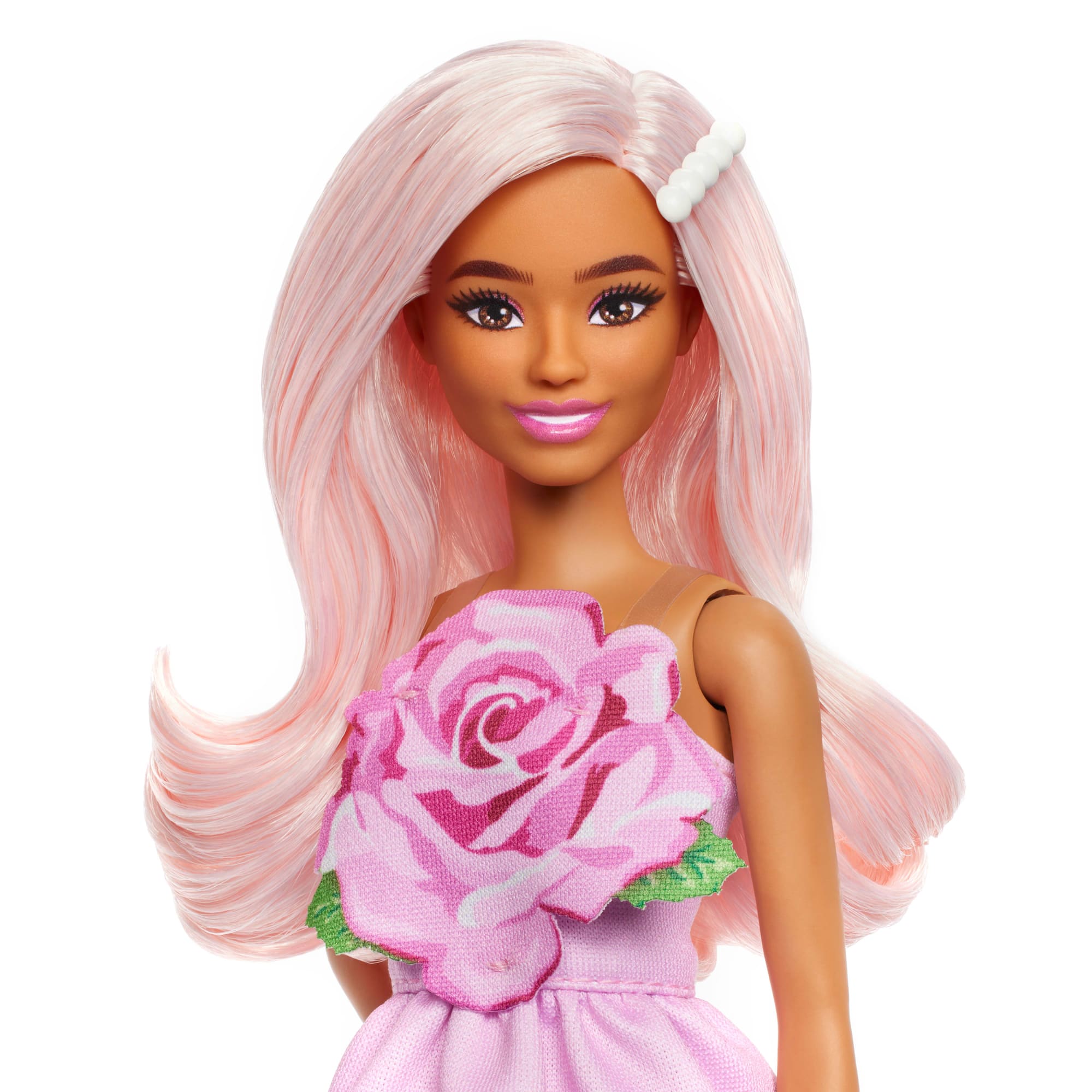 Barbie Fashionistas Lalka #238 Jasnoróżowe włosy i różowa sukienka z różą Zabawka 3+