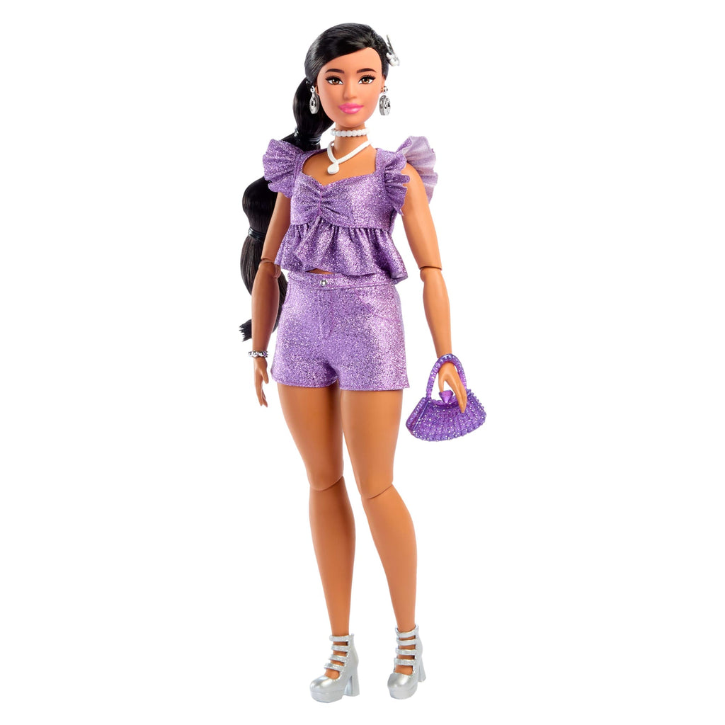 Barbie Deluxe Style-Modepuppe #8 in Violettem Metallic-Top Und Funkelnden Shorts Mit Accessoires