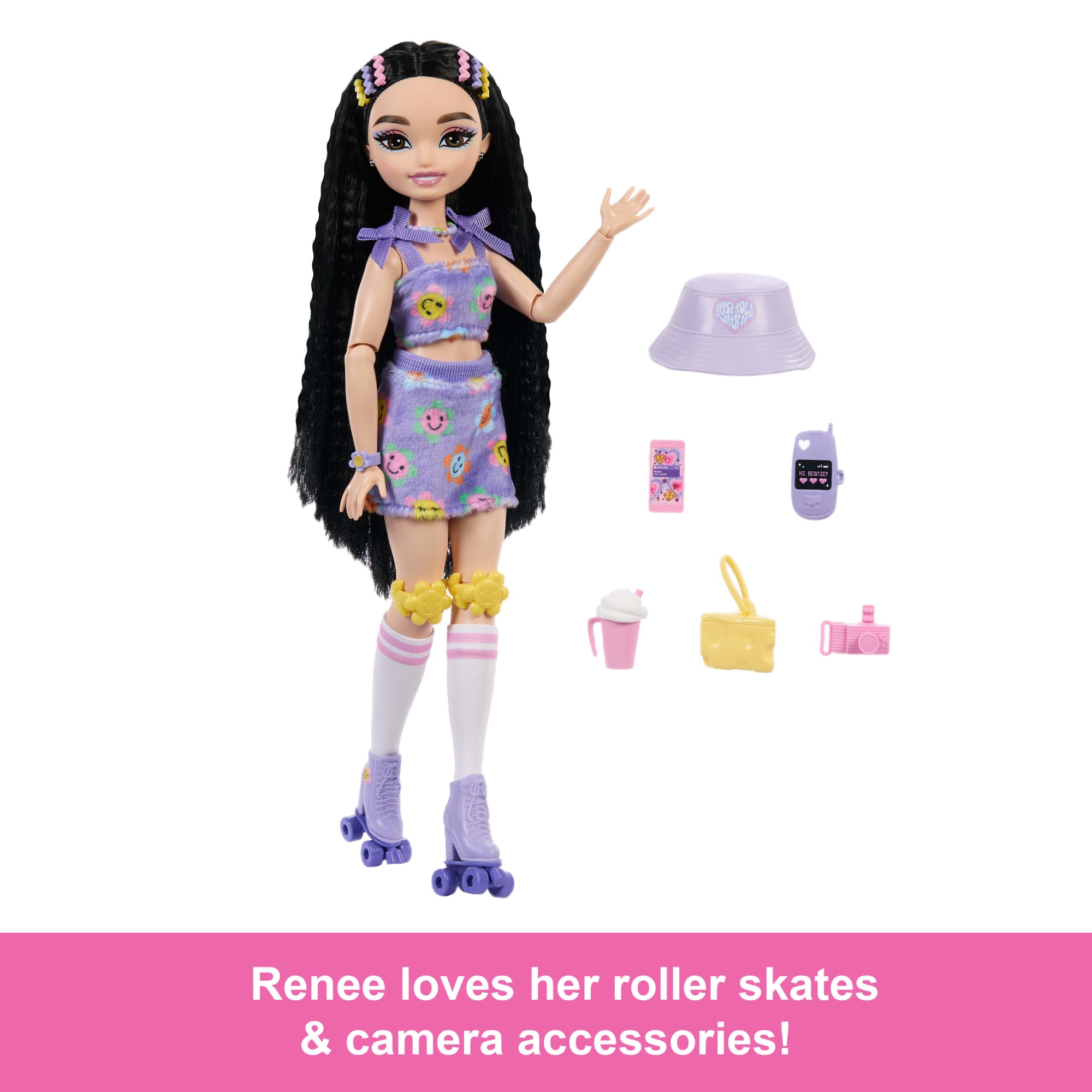 Dream Besties Barbie Renee Roller Skating Fashion Doll With 12 Video & Food Themed Accessories