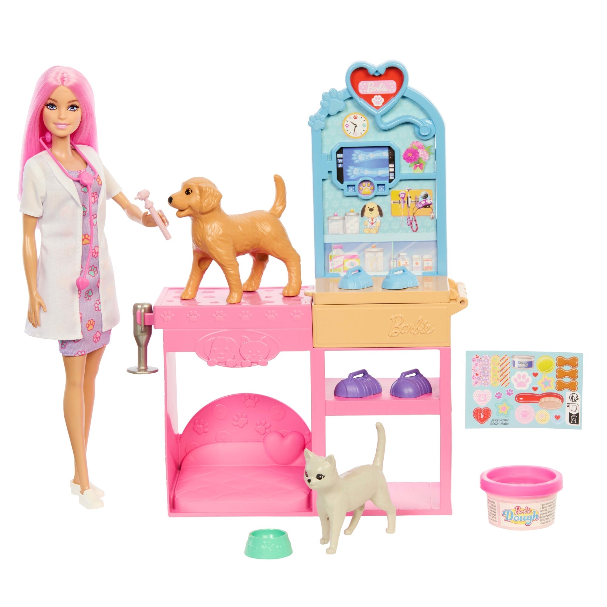 Conjunto Clínica Veterinaria De Barbie Con Muñeca De Pelo Rosa, Muebles De Consulta Veterinaria Y Más De 10 Accesorios