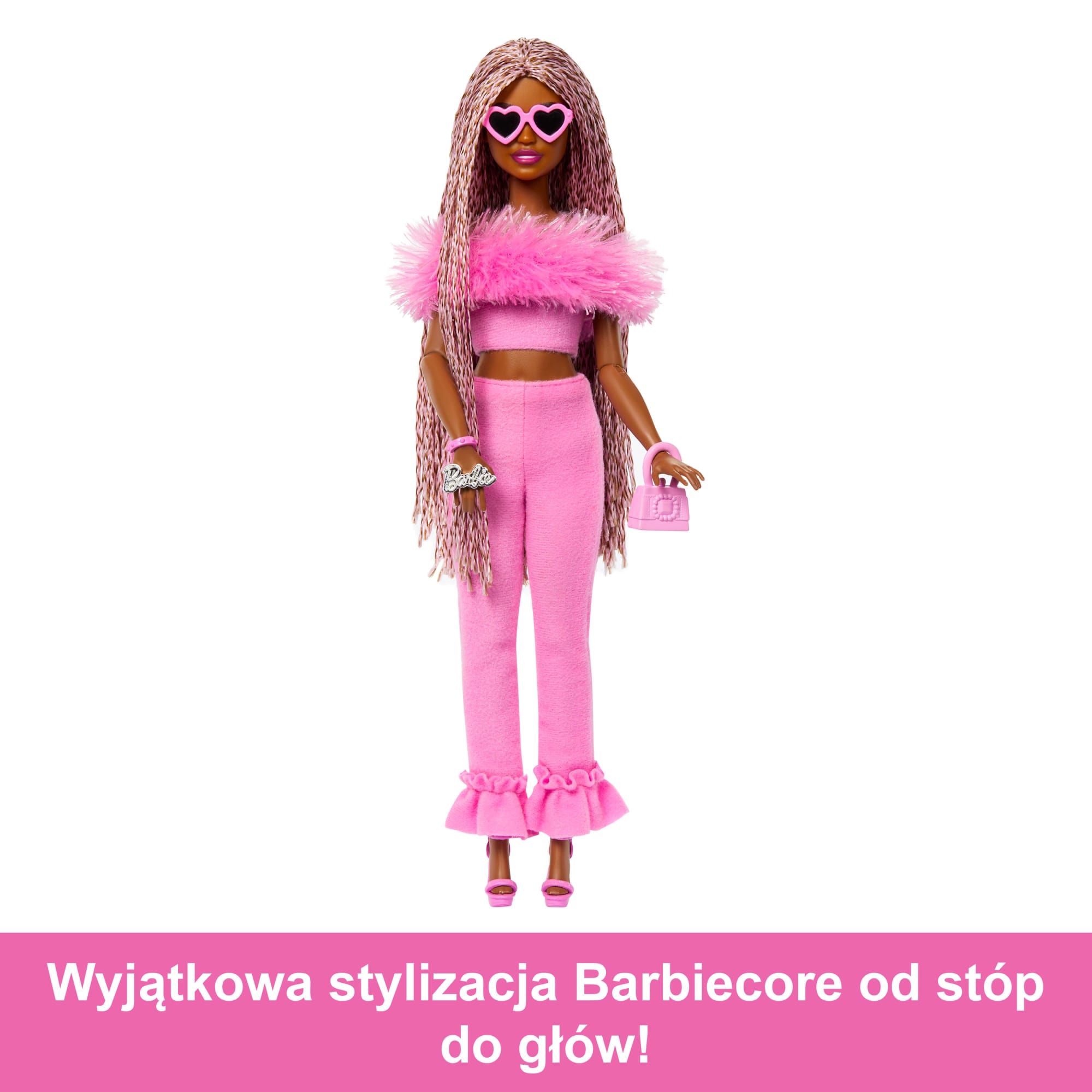 Barbie Deluxe Style Lalka #4  Różowy komplet, spodnie i futerkowy top Zabawka 4+