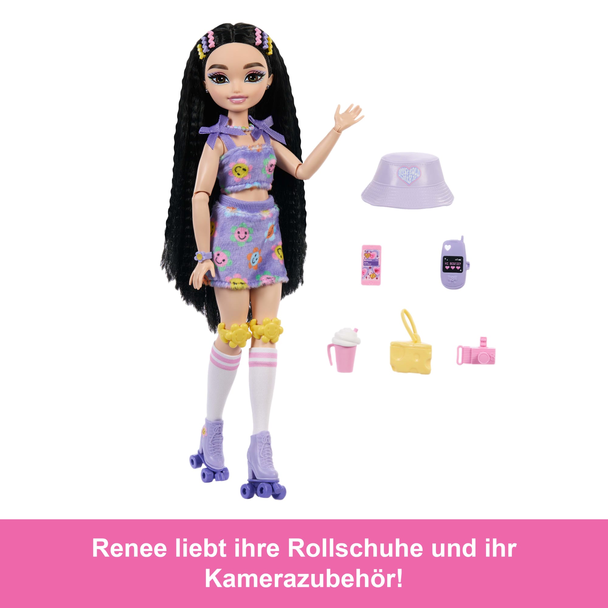Dream Besties Barbie Renee“ Rollschuh-Modepuppe Mit 12 Zubehörteilen Zum Thema Video Und Essen
