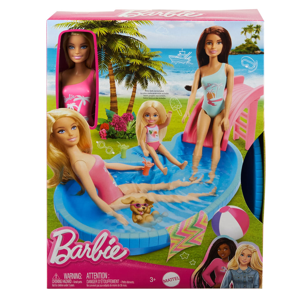 Barbie Pop En Zwembad, Speelset, Blonde Pop Met Zwembad, Glijbaan, Handdoek En Drinkaccessoires