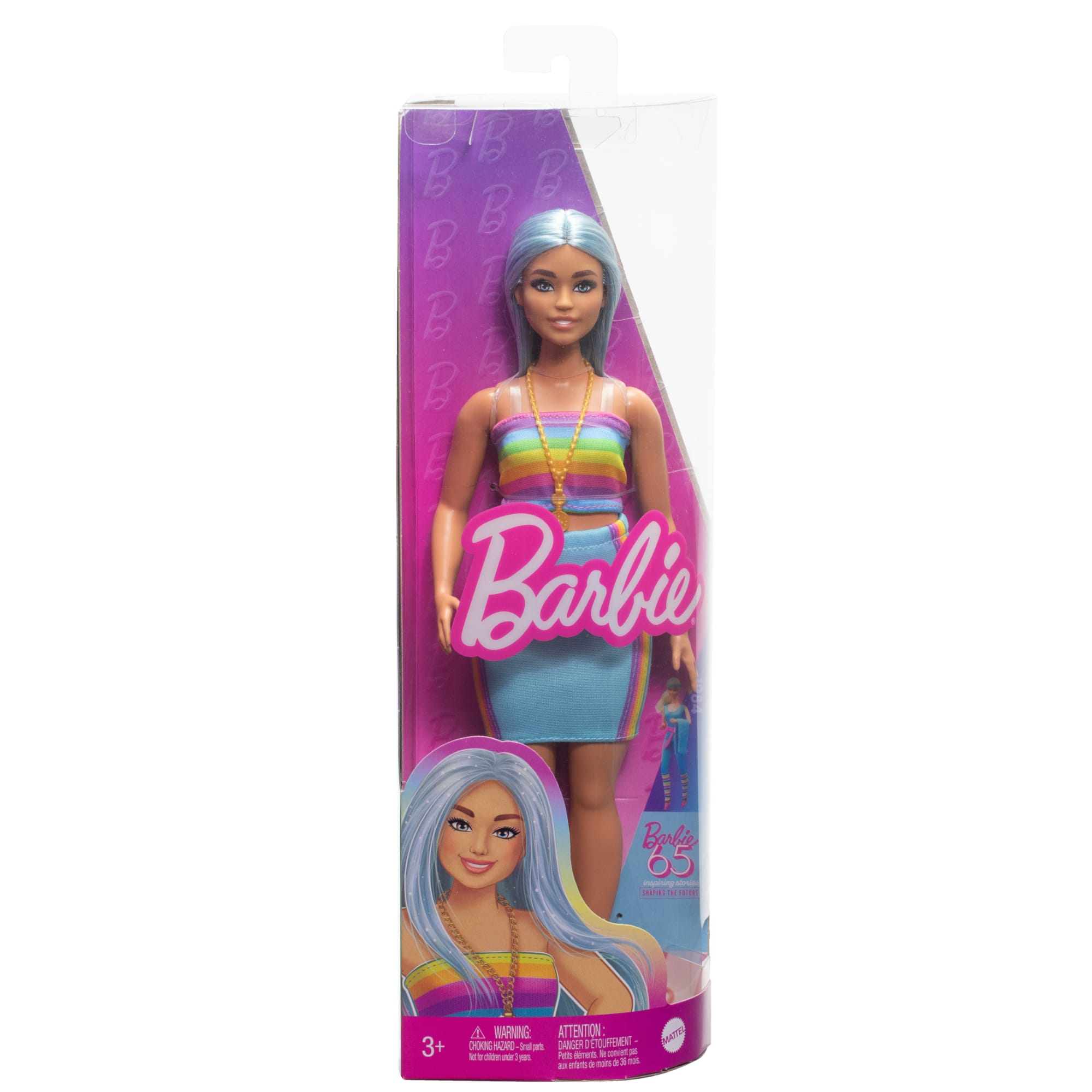 Barbie Fashionistas Puppe Nr. 218 Mit Blauen Haaren, Regenbogenoberteil Und Türkisfarbenem Rock, 65. Jubiläum