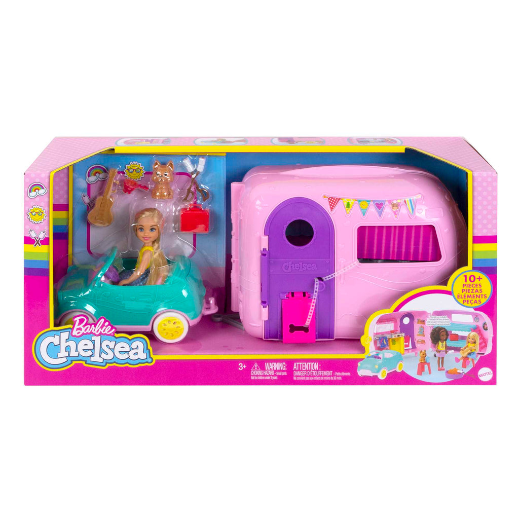 Barbie Przyczepa kempingowa Chelsea + lalka, szczeniaczek, samochód i akcesoria