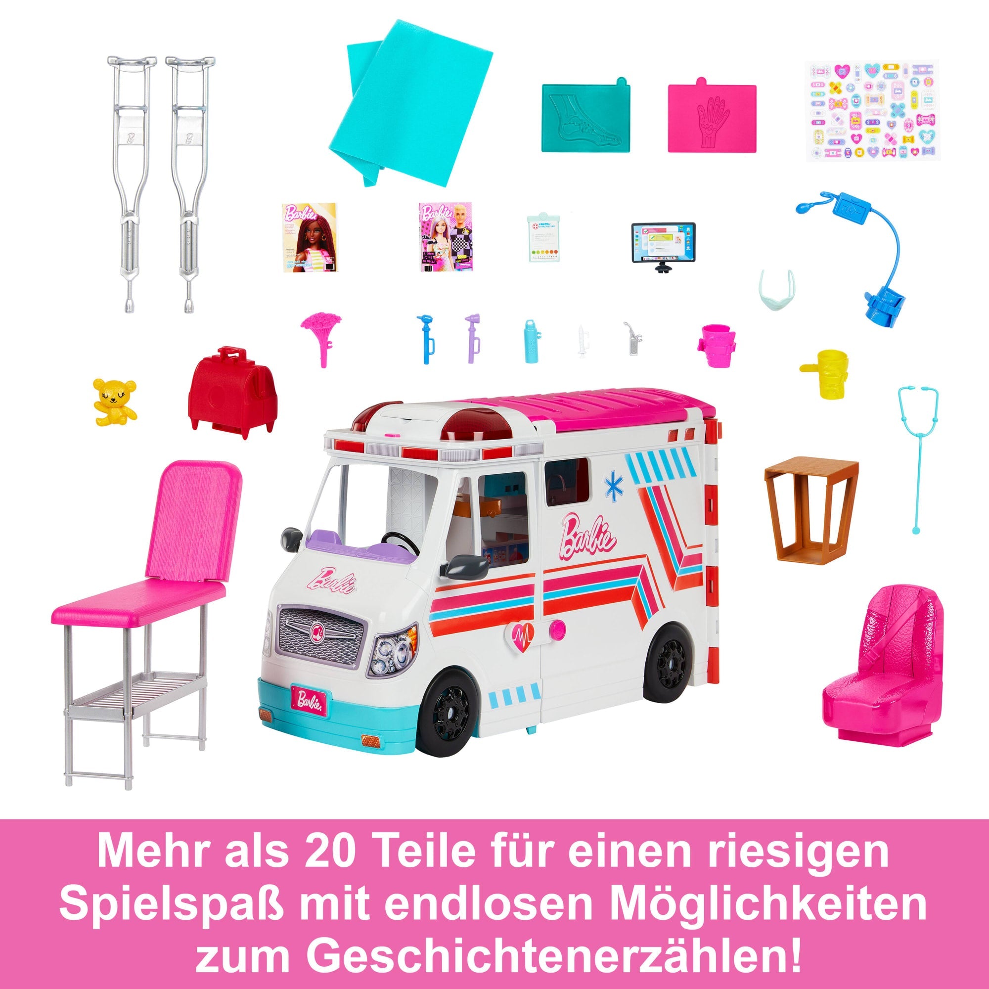 Barbie-Spielzeug, Umbaubarer Krankenwagen Und Klinik Spielset, Mehr Als 20 Zubehörteile, 2-In-1-Krankenwagen
