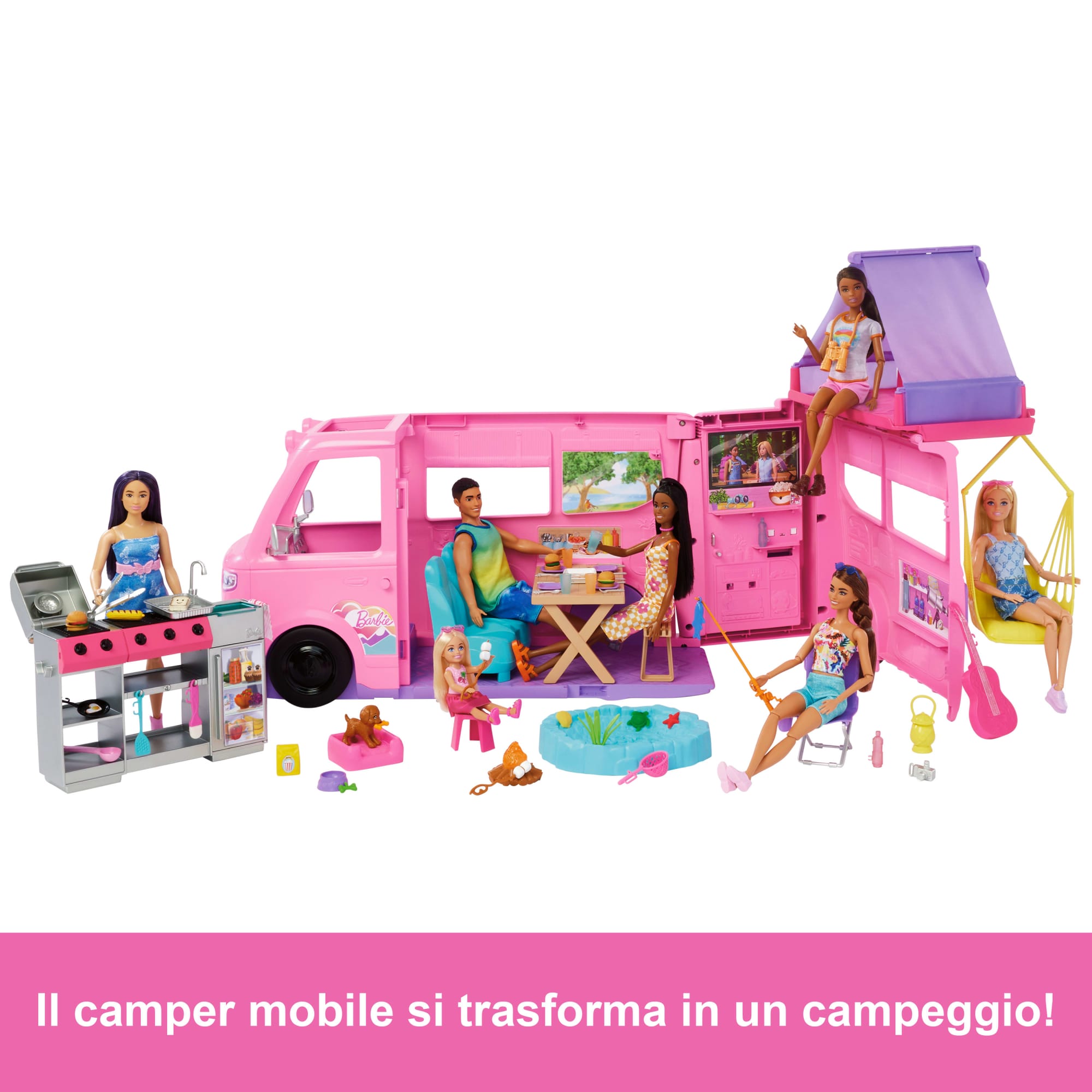 Barbie Camper Dei Sogni Con Tenda Sul Tetto, Barbecue Con Effetto Cambia Colore E Oltre 60 Accessori