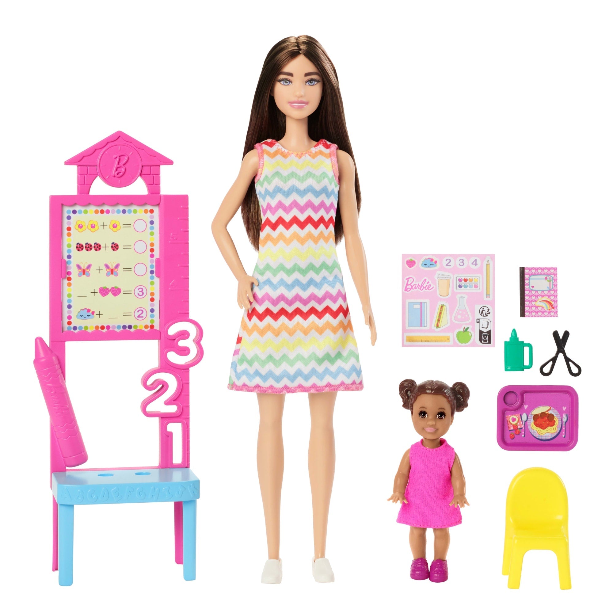 Barbie-Puppe Lehrerin Mit Brünetter Modepuppe, 1 Kleinkind-Puppe Und Unterrichtszubehör