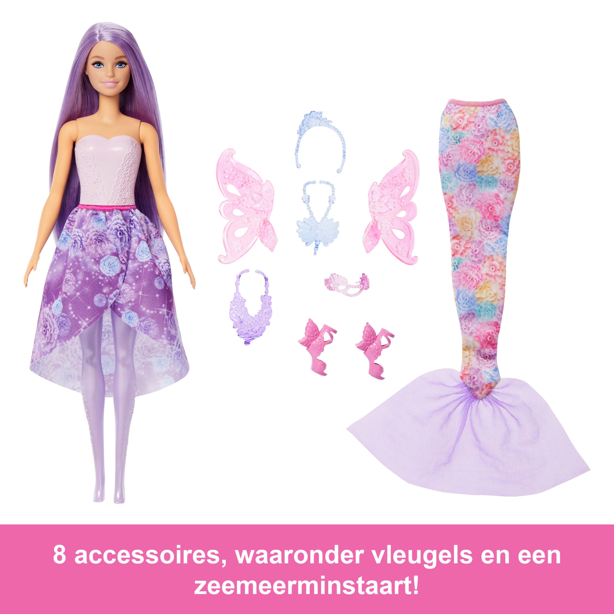 Barbie Pop Fantasiemodeset Met Accessoires, Waaronder Zeemeerminnenstaart, Feeënvleugels En Halskettingen