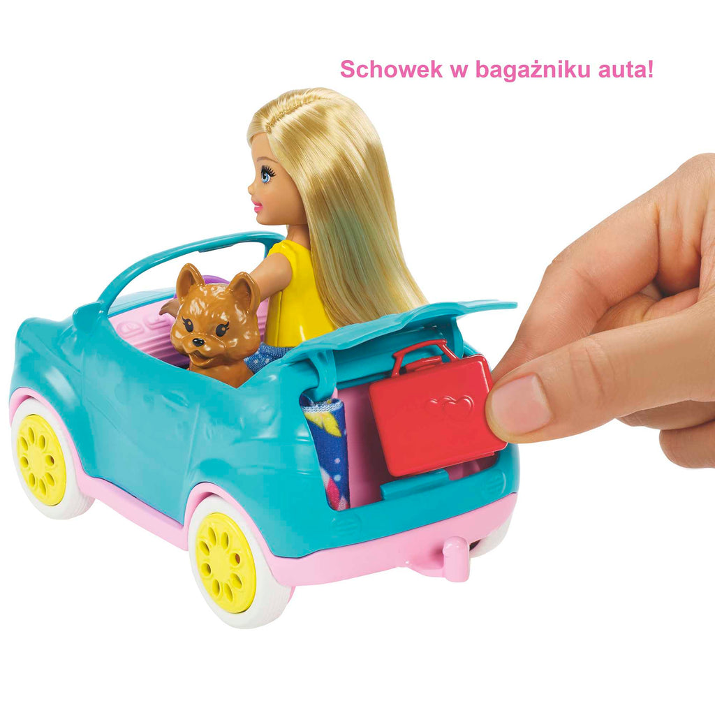 Barbie Przyczepa kempingowa Chelsea + lalka, szczeniaczek, samochód i akcesoria
