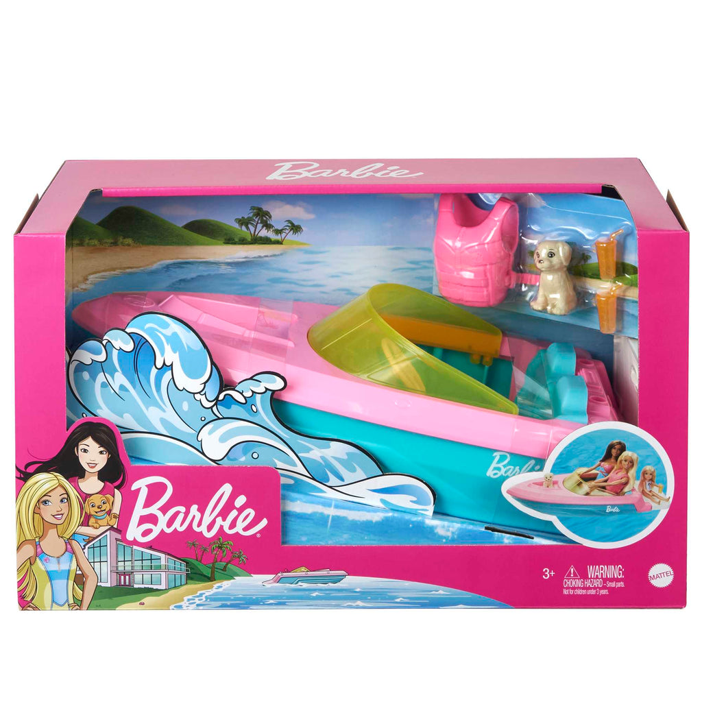 Barbie Boat With Puppy Figurine And Toy Accessories