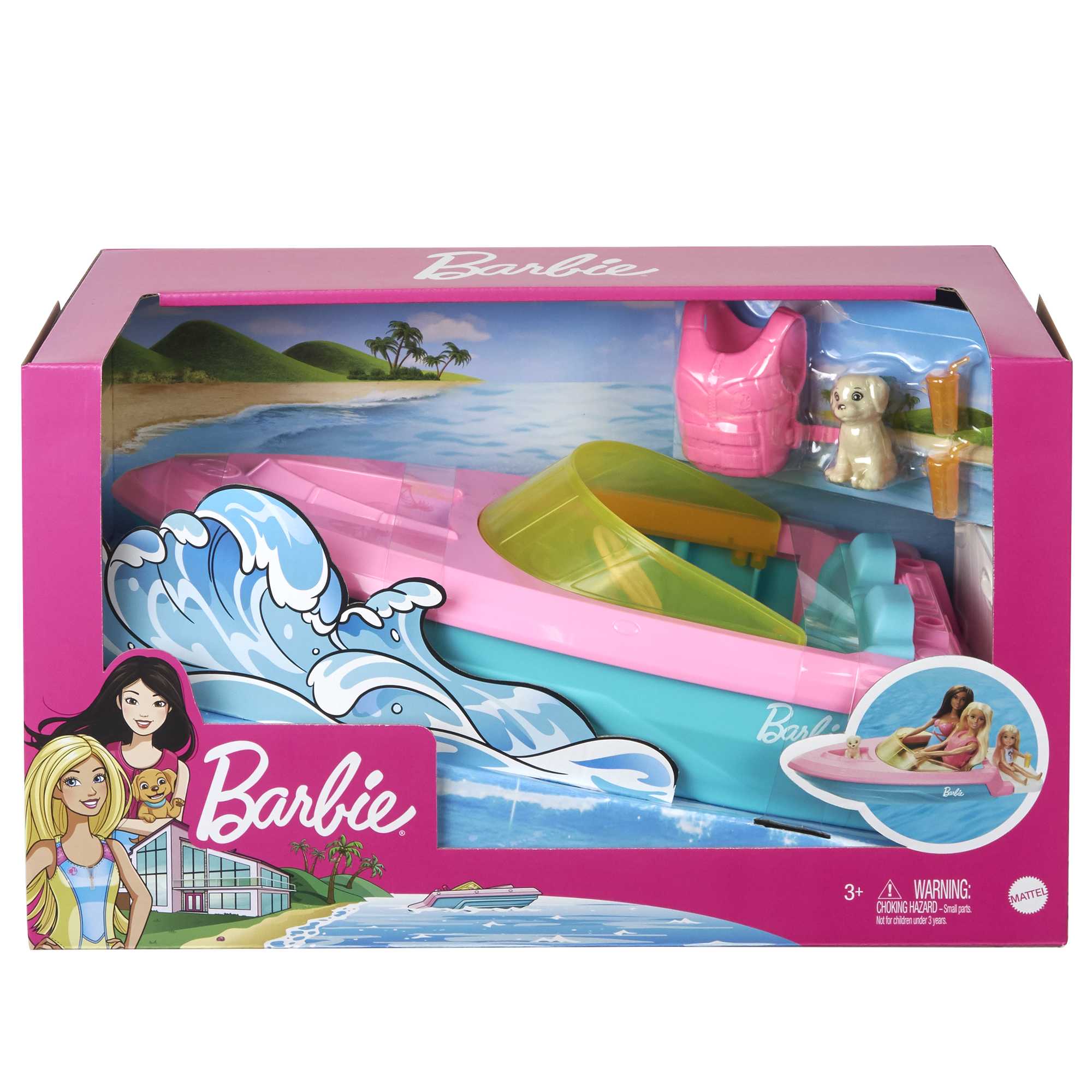Barbie Boat With Puppy Figurine And Toy Accessories