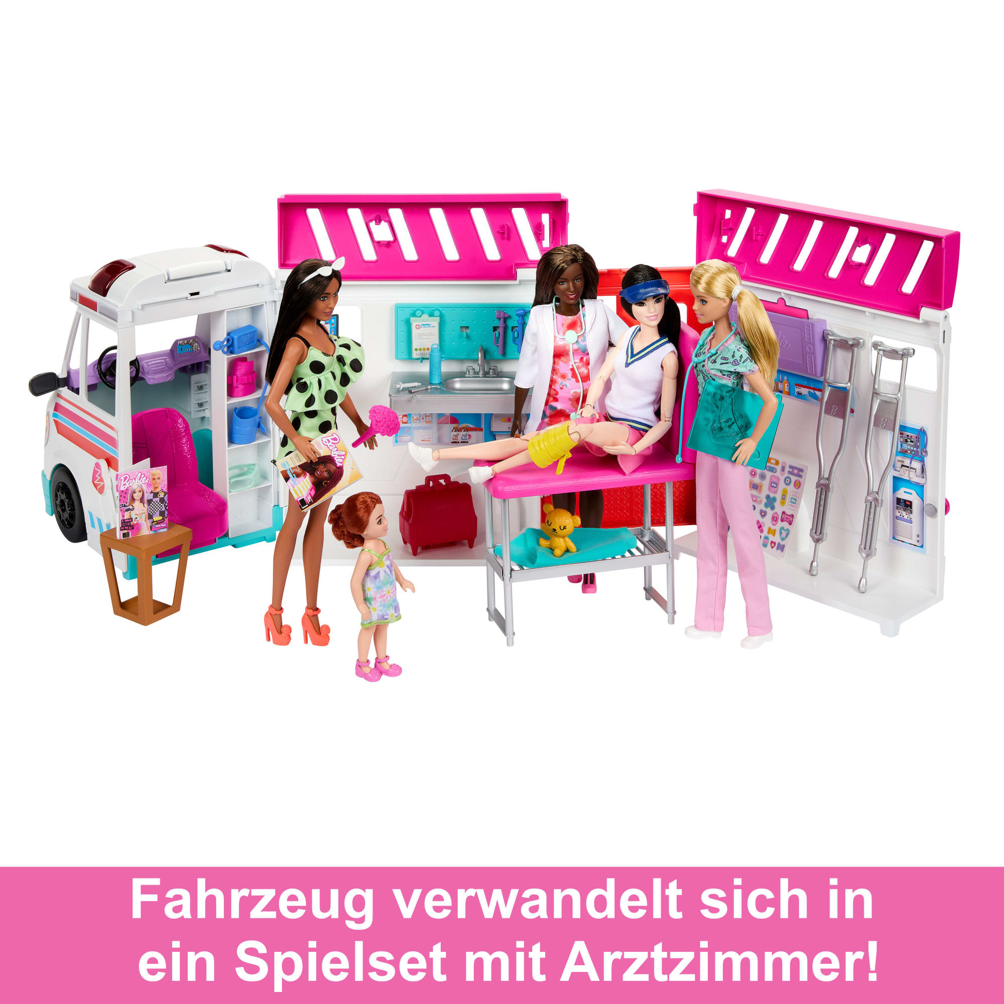 Barbie-Spielzeug, Umbaubarer Krankenwagen Und Klinik Spielset, Mehr Als 20 Zubehörteile, 2-In-1-Krankenwagen