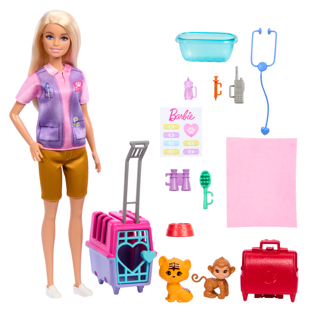 Conjunto De Juego Rescate Y Cuidado De Animales De Barbie Con Muñeca Rubia, DOS Figuras De Animales Y Accesorios