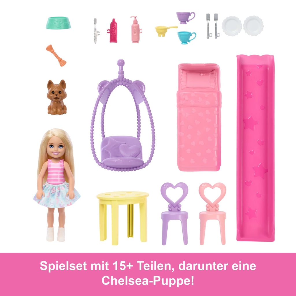 Barbie Chelsea Pop-Up-Puppenhaus Mit Puppe Und Über 15 Accessoires, Haus Erweitert Sich Auf Über 42 X 33 Cm