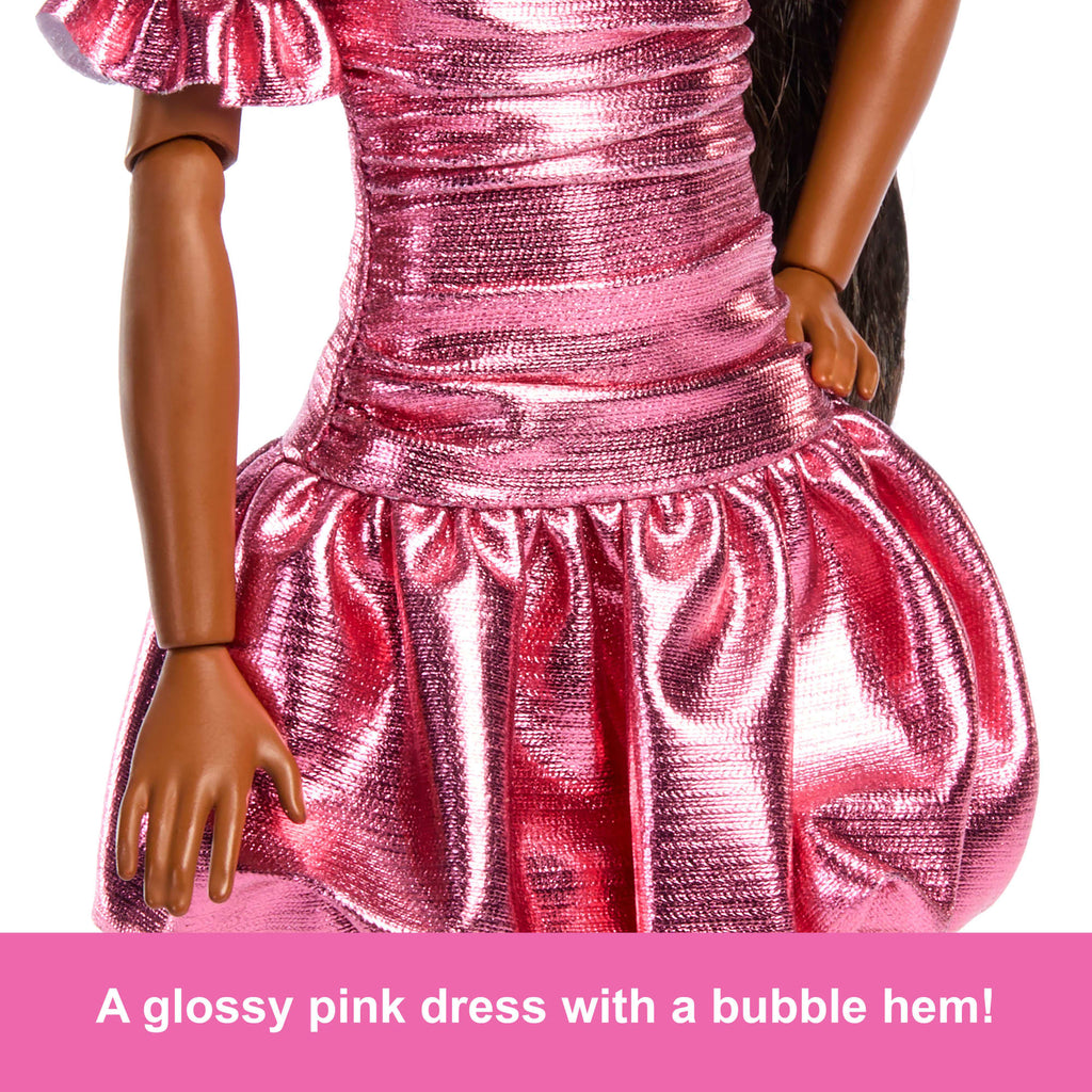 Barbie Deluxe Style Fashion Doll #6 in Metallic Coral Dress With Bubble Hem And Silvery Accessories
