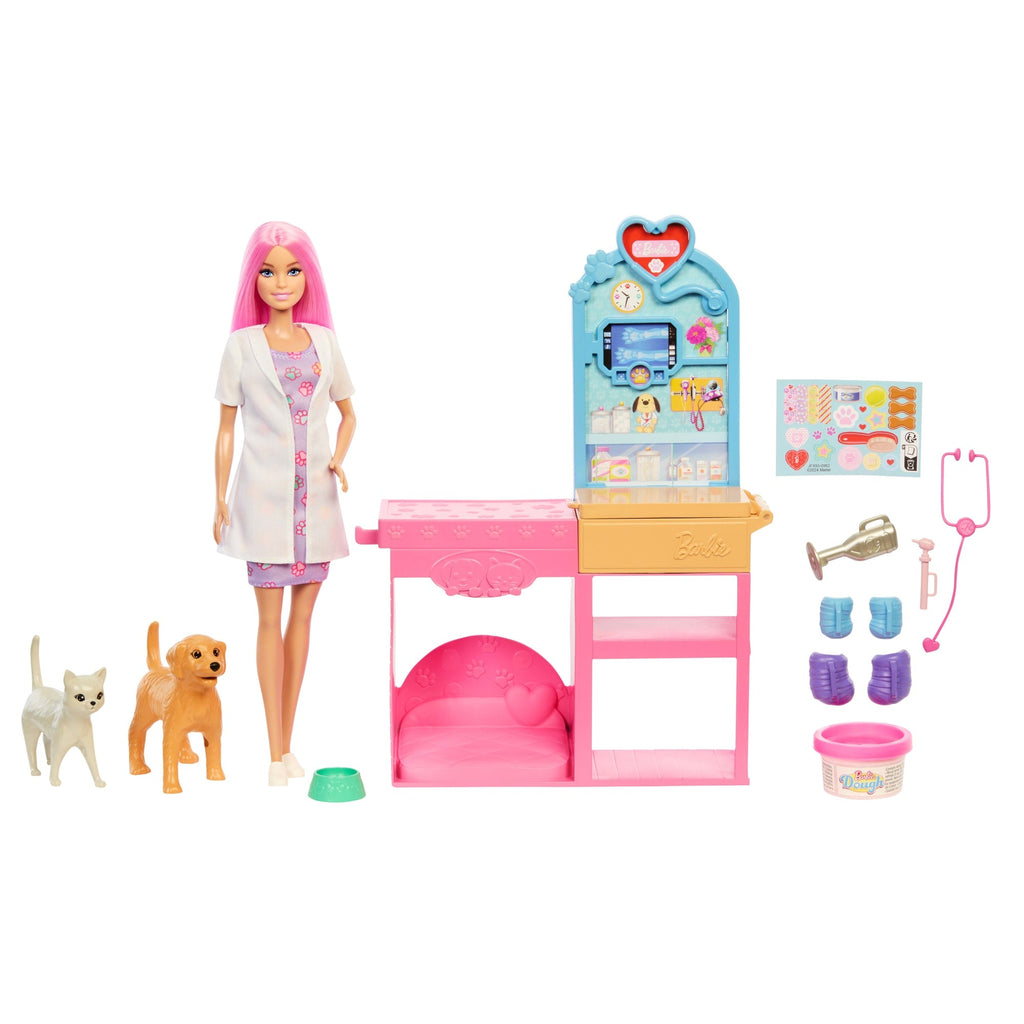 Conjunto Clínica Veterinaria De Barbie Con Muñeca De Pelo Rosa, Muebles De Consulta Veterinaria Y Más De 10 Accesorios